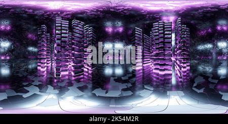 360-Grad-Panorama-Umgebungskarte des abstrakten dunklen futuristischen Turmgebäudes mit leuchtendem Neonlicht 3D Render Illustration hdri hdr Stockfoto