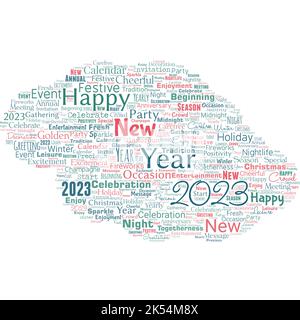 Word Cloud mit 2023 Wörtern für das neue Jahr. Die Neujahrsfeier ist eine Motivation, um Herzlichen Glückwunsch. anzufeuern Stock Vektor