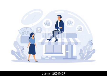 Business-Scaling-Konzept. Expansion des Franchise-Geschäfts. Flache Vektordarstellung Stock Vektor