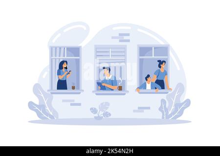 Hausfassade mit Fenstern. Home Office während des Coronavirus-Ausbruchskonzepts arbeiten Menschen von zu Hause aus Modern Flat Illustration Stock Vektor