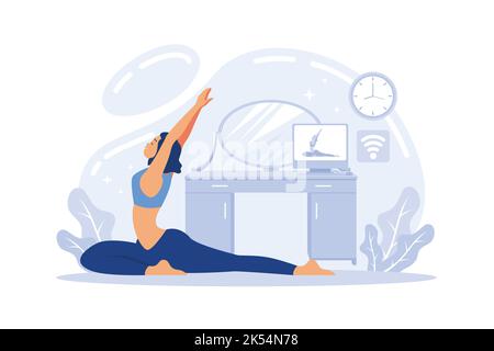 Yoga-Studios streamen Online-Kurse. Mädchen beobachten Online-Sport-Tutorials auf einem Laptop und zu Hause zu arbeiten. Flache Vektor-Illustration Stock Vektor