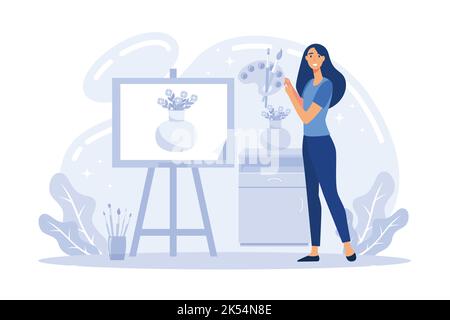 Frau Künstlerin Malerei Blume auf Canva. Mädchen hält Palette und Pinsel. Flache Vektor-Illustration Stock Vektor