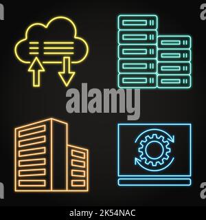 Datenspeicher und Neon-Symbol für die Aktualisierung. Symbole für die Synchronisierung von Rechenzentren und Clouds. Vektorgrafik. Stock Vektor