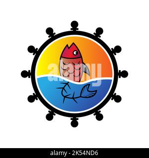 Logo-Vorlage für Fischvektor-Design isoliert im Rad. Blick auf den Orangen, den Sonnenuntergang und das Meer. Meeresfrüchte-Restaurant-Idee Stock Vektor