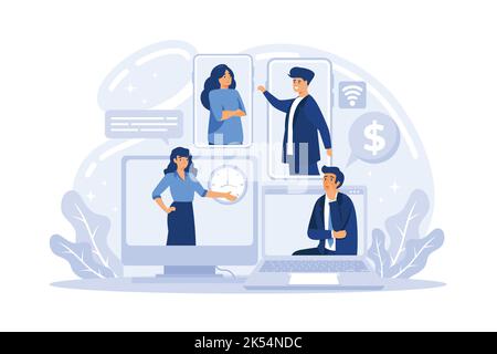 Remote Working Concept Set. Telearbeit und globales Outsourcing, Mitarbeiter arbeiten von zu Hause aus. Soziale Distanz während der Quarantäne des Corona-Virus. Stock Vektor