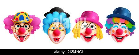 Clown Figuren setzen Vektor-Design. Geburtstagsbuffoon und Joker Charakter mit lustigen und fröhlichen Gesichtsausdruck tragen bunte Kostüm für Kinder Stock Vektor