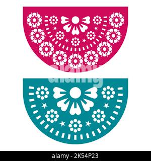 Papel Picado Vektor-Design-Set aus zwei Party-Dekorationen, mexikanische Fiesta Girlande Dekor mit Blumen und geometrischen Formen Stock Vektor