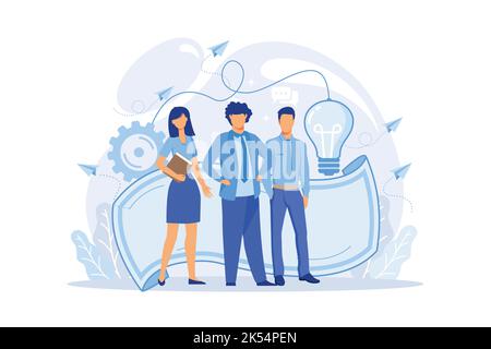 Unser Team. Eine Gruppe lächelnder Menschen, die eine willkommene Geste machen. Starten. Kollegen und Freunden. Stock Vektor