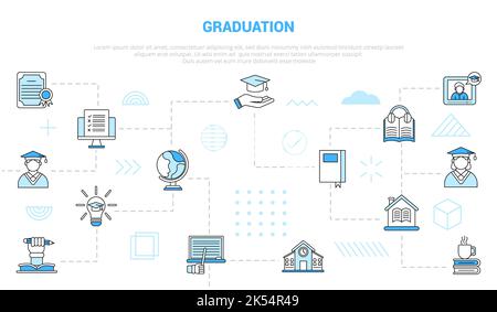Graduierung Konzept mit Icon Set Vorlage Banner mit modernen blauen Farbstil Vektor-Illustration Stockfoto