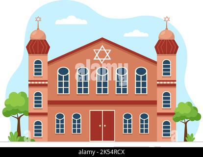 Synagogengebäude oder jüdischer Tempel mit religiösem, hebräischem oder Judentum und Judenanbetung in Vorlage Hand gezeichnete Cartoon flache Illustration Stock Vektor