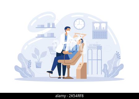 Zahnarzt, der den Patienten mit Hilfe der Krankenschwester untersucht. Mann besucht Zahnklinik, sitzt in Zahnarztstuhl. Vektor-Illustration für die Zahnbehandlung, heart Stock Vektor