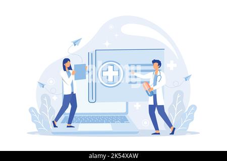 Online-Arzt-Konzept, Anzeigen Online-Gesundheitsberatung mit einer mobilen Apps, geeignet für Landing Page, UI, Web, App Intro-Karte, redaktionelle Wohnung Stock Vektor