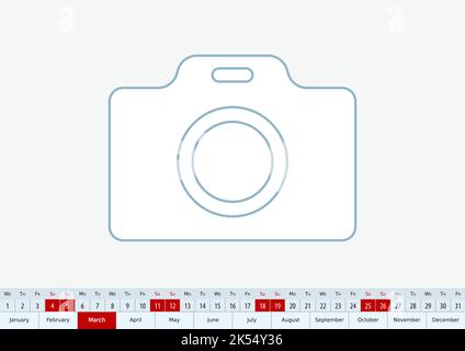 März 2023 für Tischkalender, ein Linienvektorvorlagen-Kalender in englischer Sprache. Stock Vektor