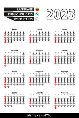 Litauischer Kalender 2023 mit Zahlen in Kreisen, die Woche beginnt am Sonntag. 2023 mit Flagge Litauens. Vektorgrafik. Stock Vektor