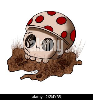 Totenkopf mit Fliege Agaric Pilzmütze liegt auf dem Boden halloween Stock Vektor