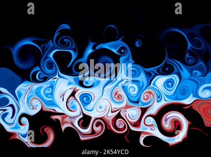 Abstrakte blaue und rote Flüssigkeit wirbelnde Marmorflamme Textur auf schwarzem Hintergrund oder Tapete. Stockfoto