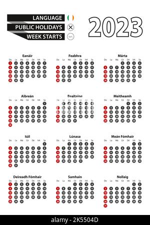 Irischer Kalender 2023 mit Zahlen in Kreisen, die Woche beginnt am Sonntag. 2023 mit Flagge von Irland Vektor-Illustration. Stock Vektor