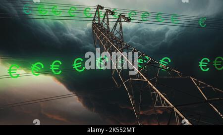 Die steigenden Energiepreise in Europa mit einem Sturm über Stromleitungen. Energiekrisenkonzept. Stockfoto