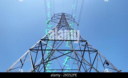 Das britische Pfund-Symbol läuft einen Strompylon hinunter, der die Energiekrise zeigt, mit der wir £ Großbritannien konfrontiert sind, mit steigenden Stromkosten für das durchschnittliche Haus Stockfoto