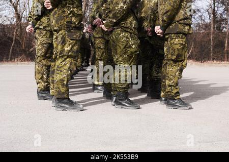 Zur Aufmerksamkeit stehen. Eine Gruppe von Soldaten, die zur Aufmerksamkeit stehen. Stockfoto