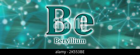 Be-Symbol. Beryllium chemisches Element auf grünem Netzwerkhintergrund Stockfoto