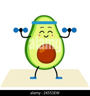 Niedliche Avocado Charakter macht Sport Gewichtheben. Cartoon Happy Avocado bei einem Sport-Workout. Vektor-Illustration auf weißem Hintergrund. Konzept einer hea Stock Vektor