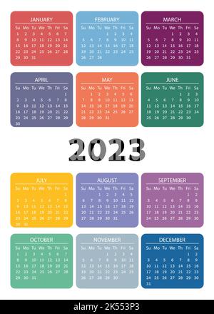 Vertikaler Taschenkalender auf 2023 Jahre, Farbe quadratisch. Auf weißem Hintergrund. Die Woche beginnt ab Sonntag. Vector Taschenkalender auf 2023. Stock Vektor