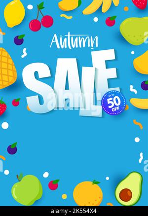 Poster zum Herbstverkauf. Vertikales Banner mit hellen Früchten auf blauem Hintergrund. Layout Design-Vorlage. Vektorgrafik mit Kopierbereich. Bis zu 50 aus. Stock Vektor
