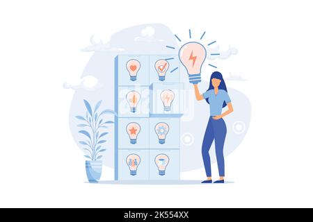 Ideen und bestes Optionsauswahlkonzept. Innovatives Brainstorming und die richtige Lösung für Unternehmen. Girl denkt und entwickelt neue Wachstumsstrategien Stock Vektor