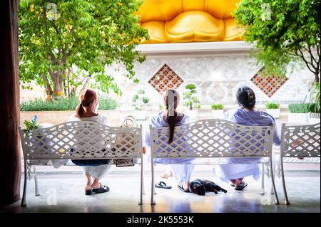 Der riesige goldene Buddha ragt groß über drei Thai-Damen, die friedlich auf einer Bank im Wat Paknam saßen. Eine schwarze Katze schläft zu ihren Füßen. Stockfoto