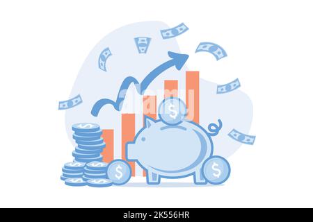 Sparschwein in Form eines Ferkel auf weißem Hintergrund, Finanzdienstleistungen, kleine Banker sind in der Arbeit, sparen oder sammeln Geld, eine Münze Stock Vektor