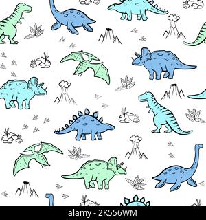 Niedlicher Dinosaurier-Vektordruck für Kinder. Vektor Nahtloses Muster mit Cartoon Dinosaurier. Süßes Dino-Pastellmuster für Party-Dekor. Stock Vektor