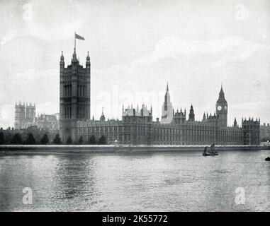 Houses of Parliament und Big Ben, London, historischer viktorianischer Blick über die Themse Stockfoto
