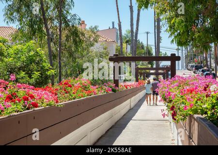 Ein Paar zu Fuß auf der Goldenrod Footbridge in Newport Beach, Kalifornien Stockfoto