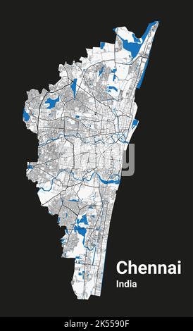 Chennai-Karte. Detaillierte Karte des Verwaltungsgebiets der Stadt Chennai. Stadtbild-Panorama. Lizenzfreie Vektorgrafik. Straßenkarte mit Autobahnen, Flüssen. Stock Vektor