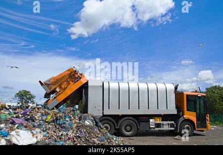 Deponie verschmutzt die Umwelt. Müllwagen. Vögel fliegen über Deponien Stockfoto