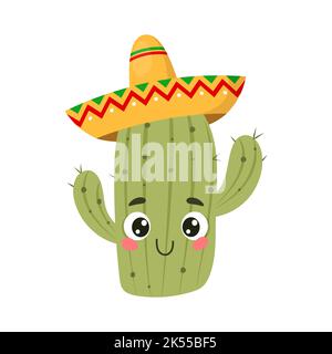 Netter Kaktus mit glücklichem Gesicht und Sombrero, Cartoon-Vektor-Illustration. Stock Vektor