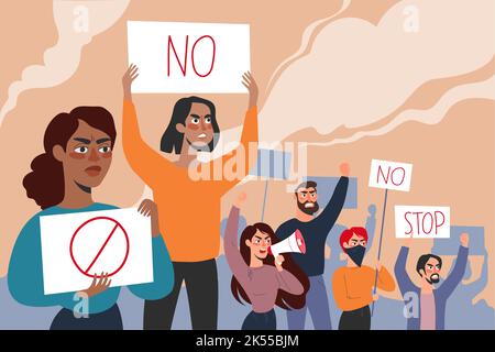 Menschenmenge bei dem Protest. Protestierende Aktivisten mit Plakaten und Lautsprechern Vektor flache Illustration. Stock Vektor
