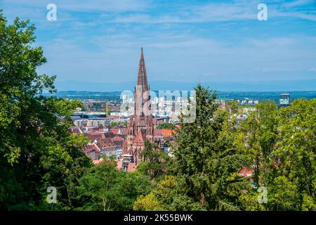 Deutschland, Freiburg im breisgau baden schwarzwald Panoramablick über den historischen Bezirk münster Kirchengebäude von oben Bäumen Stockfoto