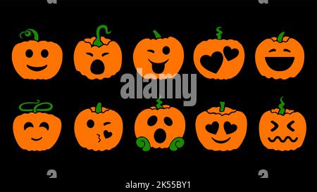 Set von Halloween Schnitzereien Kürbisse. Emoji-Symbole. Emotionales Lächeln von lustigem Gemüse. Isoliert. Geschnitzter Kürbis. Vektorgrafik. Stock Vektor