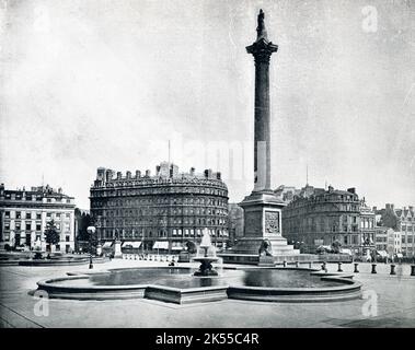Trafalgar Square, London, Fotografie aus dem 19. Jahrhundert, historisches viktorianisches Stadtbild, Nelson's Column, urbane Straßenszene Stockfoto