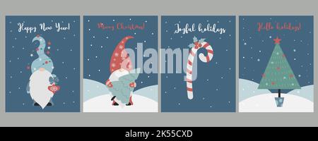 Sammlung von Weihnachtsplakaten mit skandinavischen Gnomen. Niedliche bärtige Neujahrsgnome mit Weihnachtsbaum und Weihnachtsbaum Spielzeug und Karamellstab wi Stock Vektor