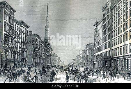 Illustration der Fifth Avenue, Manhattan, New York City, Ende des 19. Jahrhunderts, die Straßen, Gebäude, und das urbane Leben in den 1800er Jahren Stockfoto