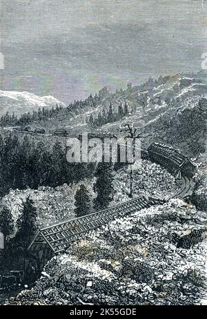 Eisenbahn mit Schneehütten auf den Bahngleisen des Zentralpazifiks Amerika 19.. Jahrhundert Stockfoto