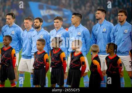 Manchester, Großbritannien. 05. Oktober 2022. Die Spieler von Manchester City nehmen am UEFA Champions League-Spiel zwischen Manchester City und dem FC Kopenhagen im Etihad Stadium in Manchester Teil. (Foto: Gonzales Photo/Alamy Live News Stockfoto