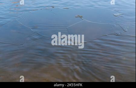Dünne Eisschichten, die in einem Teich schwimmen. Der Teich ist bis auf das Eis geöffnet. Es gibt Platz für Text. Stockfoto