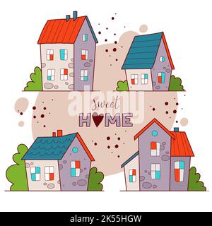 Cartoon Cottage Kollektion. Verschiedene kleine niedliche Häuser Vektor-Illustration. Stock Vektor