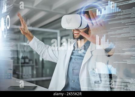 Virtual Reality, Overlay und Wissenschaft Arzt in Metaverse Forschung und Arbeit an futuristischen 3D digitalen Bildschirm. Zukunft, Innovation und Forscher in Stockfoto