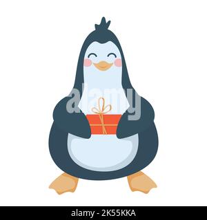 Niedlicher Pinguin Steht Lächelnd Holding Geschenkschachtel Stock Vektor