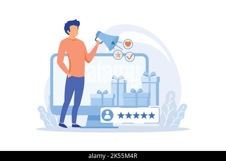 Markenbotschafter Offizieller Markenvertreter, Markenbotschafter, Marketingstrategie, Medienfigur, Public Relations-Person, Influencer flach Stock Vektor